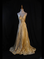 Classy A Line Halter Gold Satin Beads Long Evening Dress Prom Dresses SD2701
