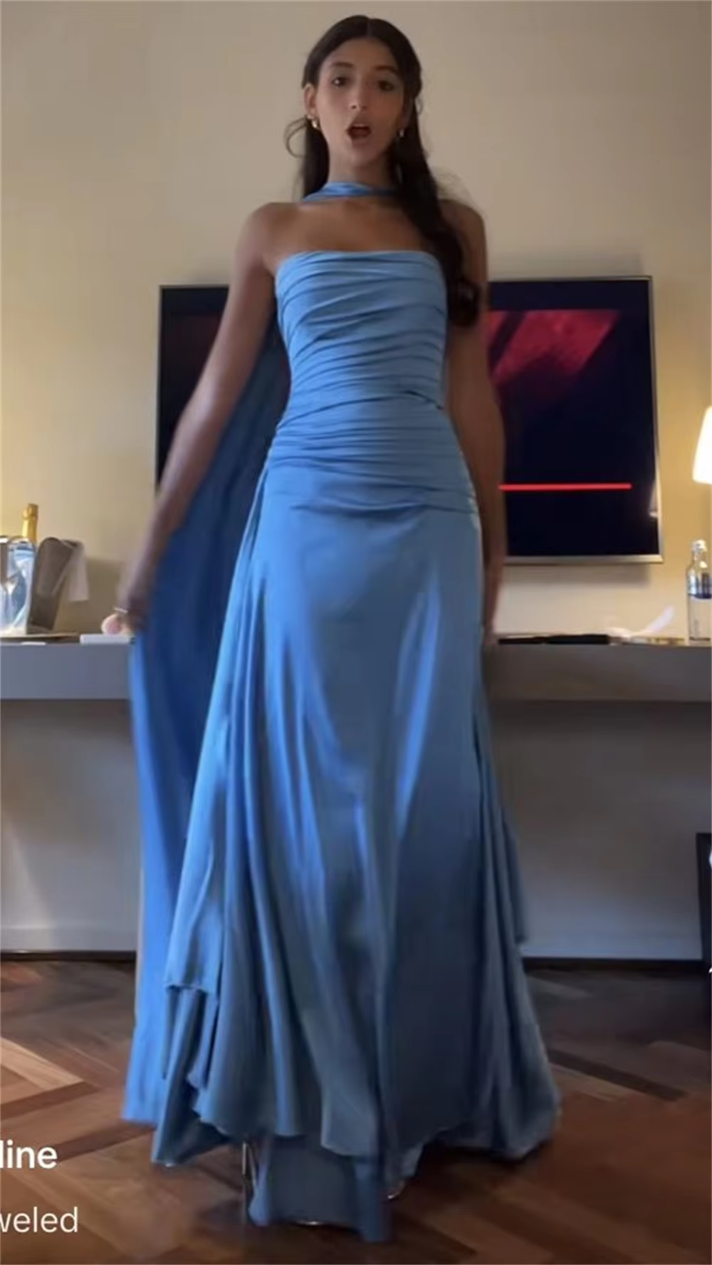 Classy Sheath Strapless With Ribbon Blue Ruffles Long Prom Dress SD2702