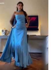 Classy Sheath Strapless With Ribbon Blue Ruffles Long Prom Dress SD2702