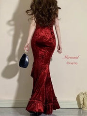 Classy Mermaid Spaghetti Straps Burgundy Ruffles Long Prom Dress SD2703