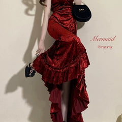 Classy Mermaid Spaghetti Straps Burgundy Ruffles Long Prom Dress SD2703