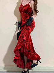 Classy Mermaid Spaghetti Straps Burgundy Ruffles Long Prom Dress SD2703