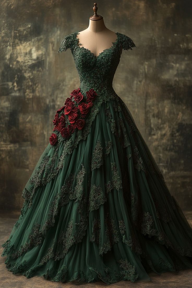 Classy Ball Gown Short Sleeves Dark Green Lace Long Party Dress Satin Prom Dresses SD2704