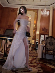 Classy Mermaid Off The Shoulder Sequin Slit Long Prom Dress SD2704