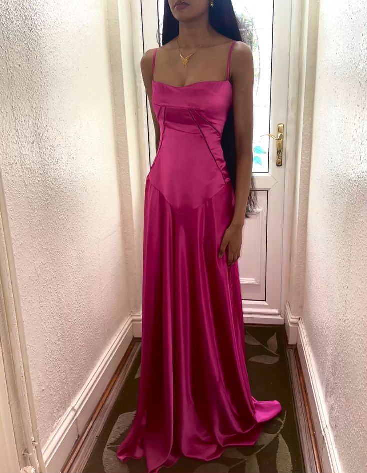 Pretty A line Spaghetti Straps Pink Satin Long Party Dresses Prom Dresses SD2705