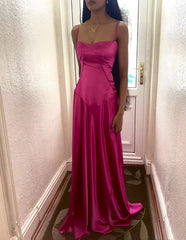 Pretty A line Spaghetti Straps Pink Satin Long Party Dresses Prom Dresses SD2705