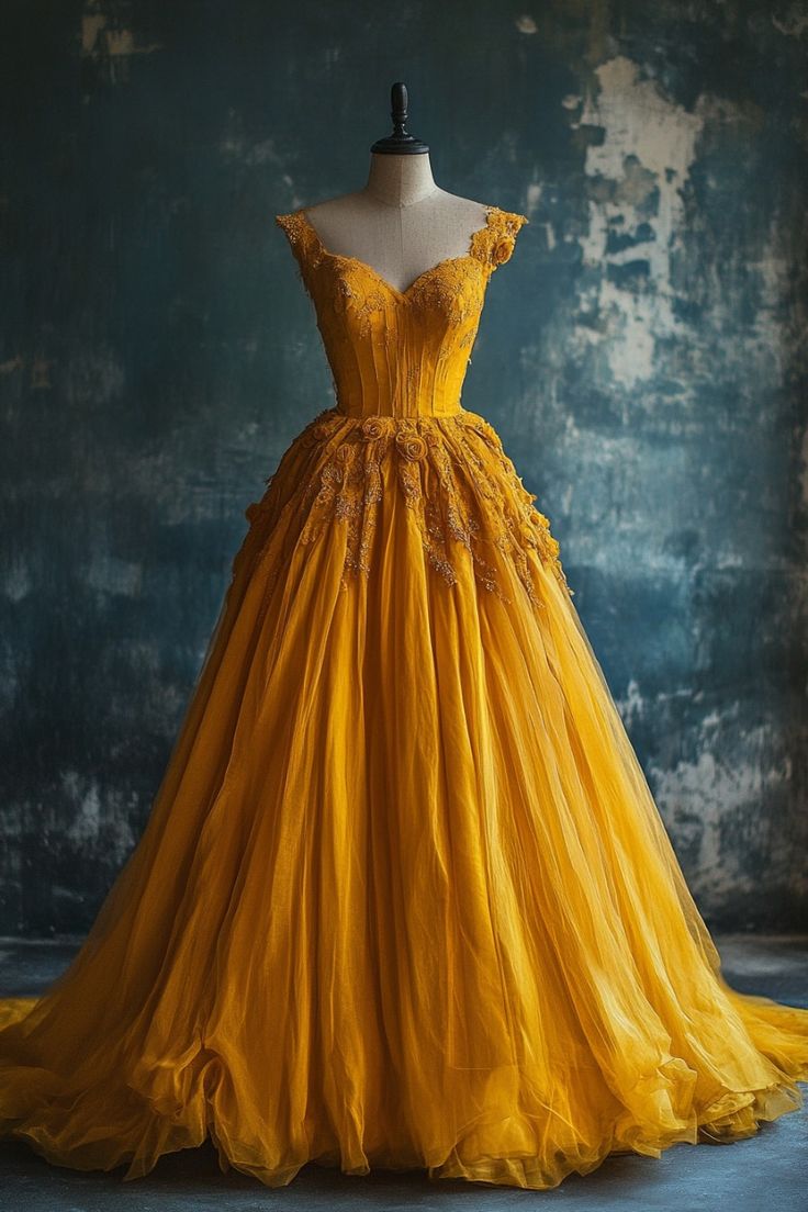 Classy Ball Gown Short Sleeves Yellow Lace Long Party Dress Satin Prom Dresses SD2705