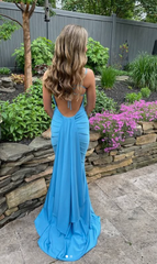 Pretty Mermaid Spaghetti Straps Blue Backless Long Party Dresses Prom Dresses SD2706