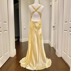 Pretty Mermaid Spaghetti Straps Yellow Backless Long Party Dresses Prom Dresses SD2708