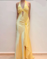 Pretty Mermaid V Neckline Satin Yellow Long Prom Dresses Formal Evening Dresses SD2709