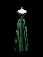 Pretty A Line Sweetheart Ruffles Long Evening Dress Green Velvet Prom Dresses SD2742