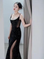 Classy Mermaid Spaghetti Straps Black Sequin Slit Long Evening Gowns Prom Dress SD2744