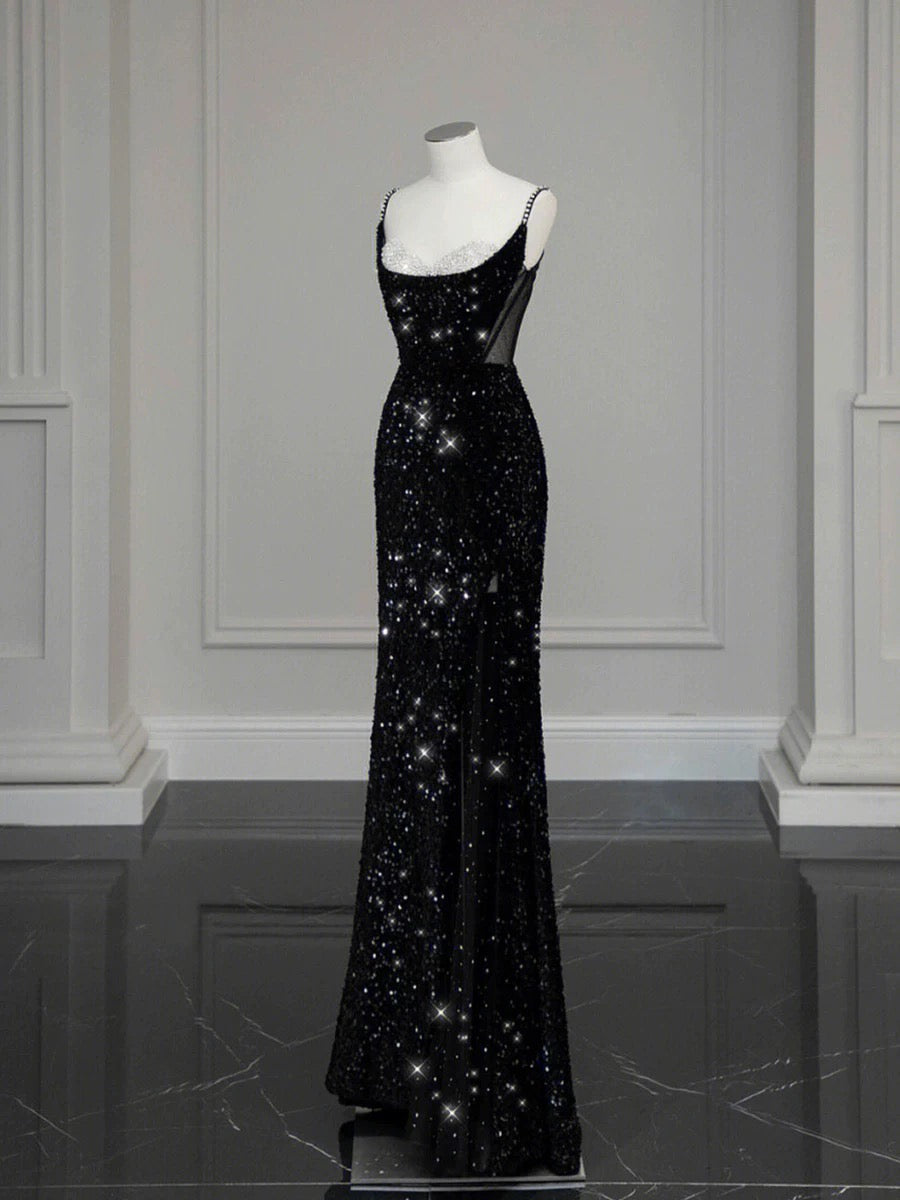 Classy Mermaid Spaghetti Straps Black Sequin Slit Long Evening Gowns Prom Dress SD2744