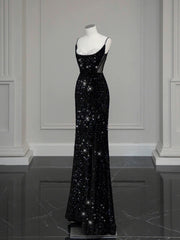 Classy Mermaid Spaghetti Straps Black Sequin Slit Long Evening Gowns Prom Dress SD2744