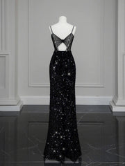 Classy Mermaid Spaghetti Straps Black Sequin Slit Long Evening Gowns Prom Dress SD2744