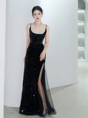 Classy Mermaid Spaghetti Straps Black Sequin Slit Long Evening Gowns Prom Dress SD2744