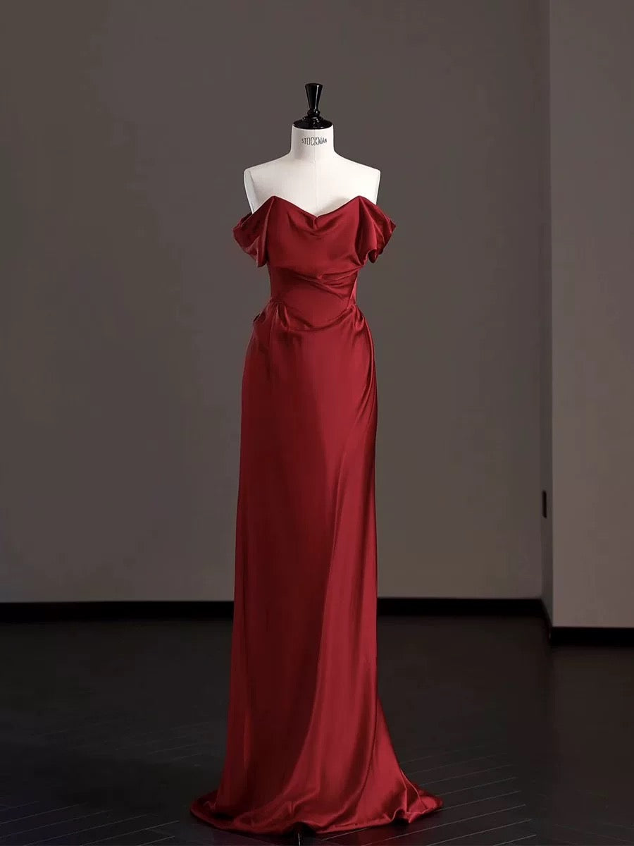 Classy Mermaid Off The Shoulder Red Satin Long Evening Gowns Prom Dress SD2746