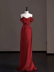 Classy Mermaid Off The Shoulder Red Satin Long Evening Gowns Prom Dress SD2746