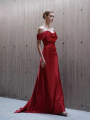 Classy Mermaid Off The Shoulder Red Satin Long Evening Gowns Prom Dress SD2746