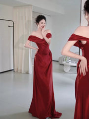Classy Mermaid Off The Shoulder Red Satin Long Evening Gowns Prom Dress SD2746