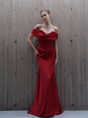 Classy Mermaid Off The Shoulder Red Satin Long Evening Gowns Prom Dress SD2746