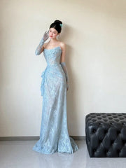Classy Mermaid Strapless Lace Blue Long Evening Gowns Split Prom Dress SD2748