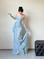 Classy Mermaid Strapless Lace Blue Long Evening Gowns Split Prom Dress SD2748
