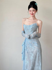 Classy Mermaid Strapless Lace Blue Long Evening Gowns Split Prom Dress SD2748