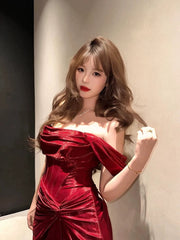 Classy Mermaid Off The Shoulder Red Satin Long Evening Gowns Split Prom Dress SD2747