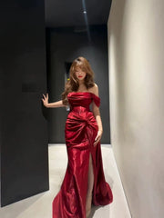 Classy Mermaid Off The Shoulder Red Satin Long Evening Gowns Split Prom Dress SD2747