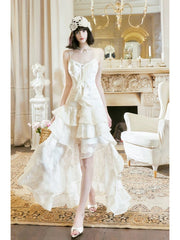 Pretty A Line High Low Ruffles Long Evening Dress Lace White Prom Dresses SD2750