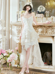 Pretty A Line High Low Ruffles Long Evening Dress Lace White Prom Dresses SD2750