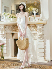 Pretty A Line High Low Ruffles Long Evening Dress Lace White Prom Dresses SD2750