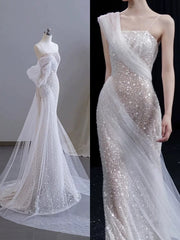 Classy Mermaid Spaghetti Straps White Sequin Long Wedding Dress Bridal Dresses SD2762