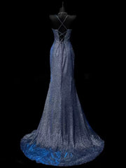 Classy Mermaid Spaghetti Straps Navy Blue Sequin Long Evening Gowns Prom Dress SD2765