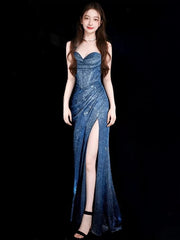 Classy Mermaid Spaghetti Straps Navy Blue Sequin Long Evening Gowns Prom Dress SD2765