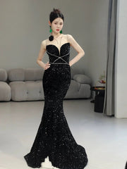 Classy Mermaid Spaghetti Straps Black Sequin Long Evening Gowns Prom Dress SD2768