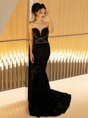 Classy Mermaid Spaghetti Straps Black Sequin Long Evening Gowns Prom Dress SD2768