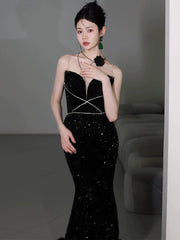 Classy Mermaid Spaghetti Straps Black Sequin Long Evening Gowns Prom Dress SD2768