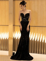 Classy Mermaid Spaghetti Straps Black Sequin Long Evening Gowns Prom Dress SD2768