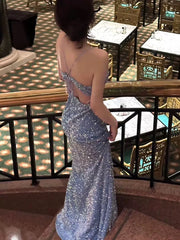 Classy Mermaid Spaghetti Straps Blue Sequin Long Evening Gowns Prom Dress SD2769