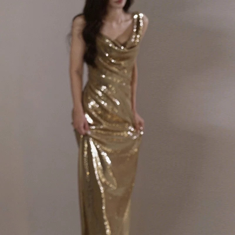 Classy Mermaid Straps Gold Sequin Long Evening Gowns Prom Dress SD2770