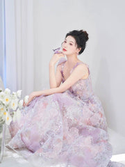 Pretty A Line Spaghetti Straps Pink Floral Long Length Evening Dress Prom Dresses SD2773