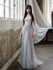 Pretty Mermaid Off The Shoulder Silver Sequin Evening Dress Prom Dresses SD2774