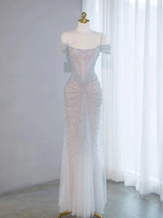 Pretty Mermaid Off The Shoulder Silver Sequin Evening Dress Prom Dresses SD2774
