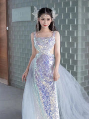 Pretty Mermaid Square Neckline Sequin Long Evening Dress Prom Dresses SD2775