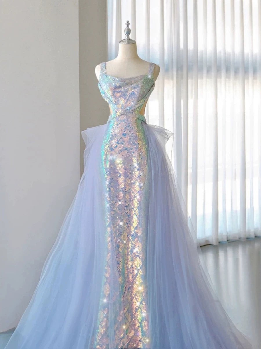 Pretty Mermaid Square Neckline Sequin Long Evening Dress Prom Dresses SD2775