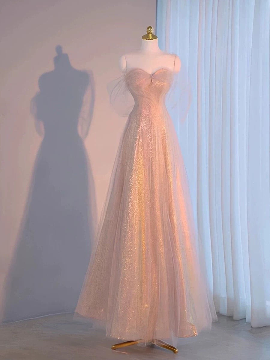 Pretty A Line Sweetheart Pink Sequin Long Length Evening Dress Prom Dresses SD2776