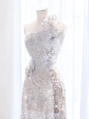Pretty A Line One Shoulder Silver Sequin Long Length Evening Dress Prom Dresses SD2777
