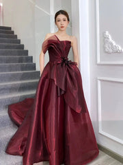Pretty Ball Gown Strapless Burgundy Organza Long Length Evening Dress Prom Dresses SD2778